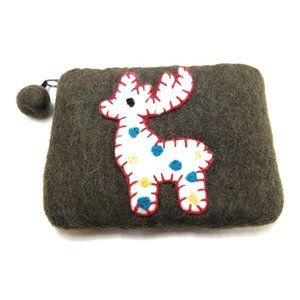 Handmade Wool Felt Coin Purse + Colorful Applique  + Zipper Close Made in Nepal